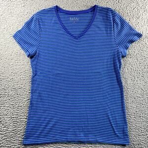 NICOLE MILLER NEON STRIPE V NECK SHIRT WOMENS XL BLUE SHORT SLEEVE COTTON BLEND